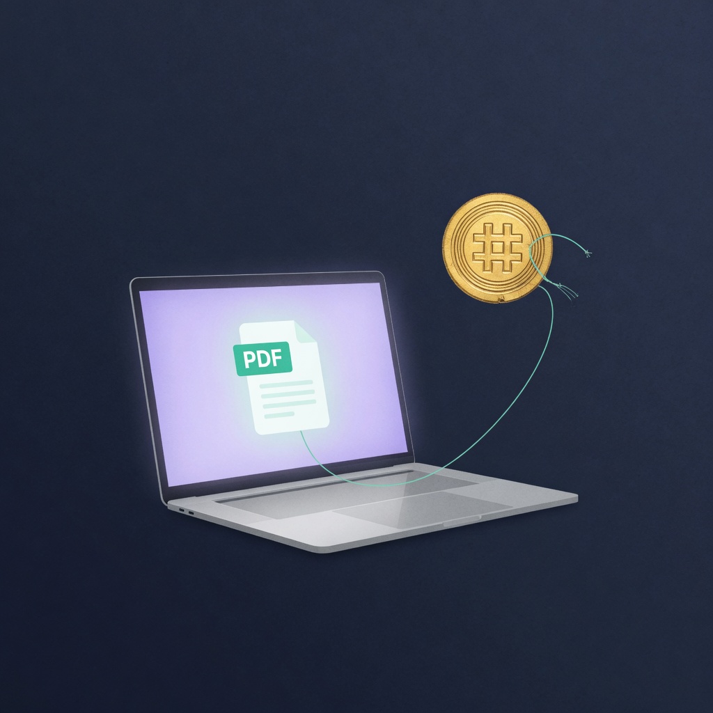 Laptop with a PDF on screen linked by a thin line to a separate golden hash stamp