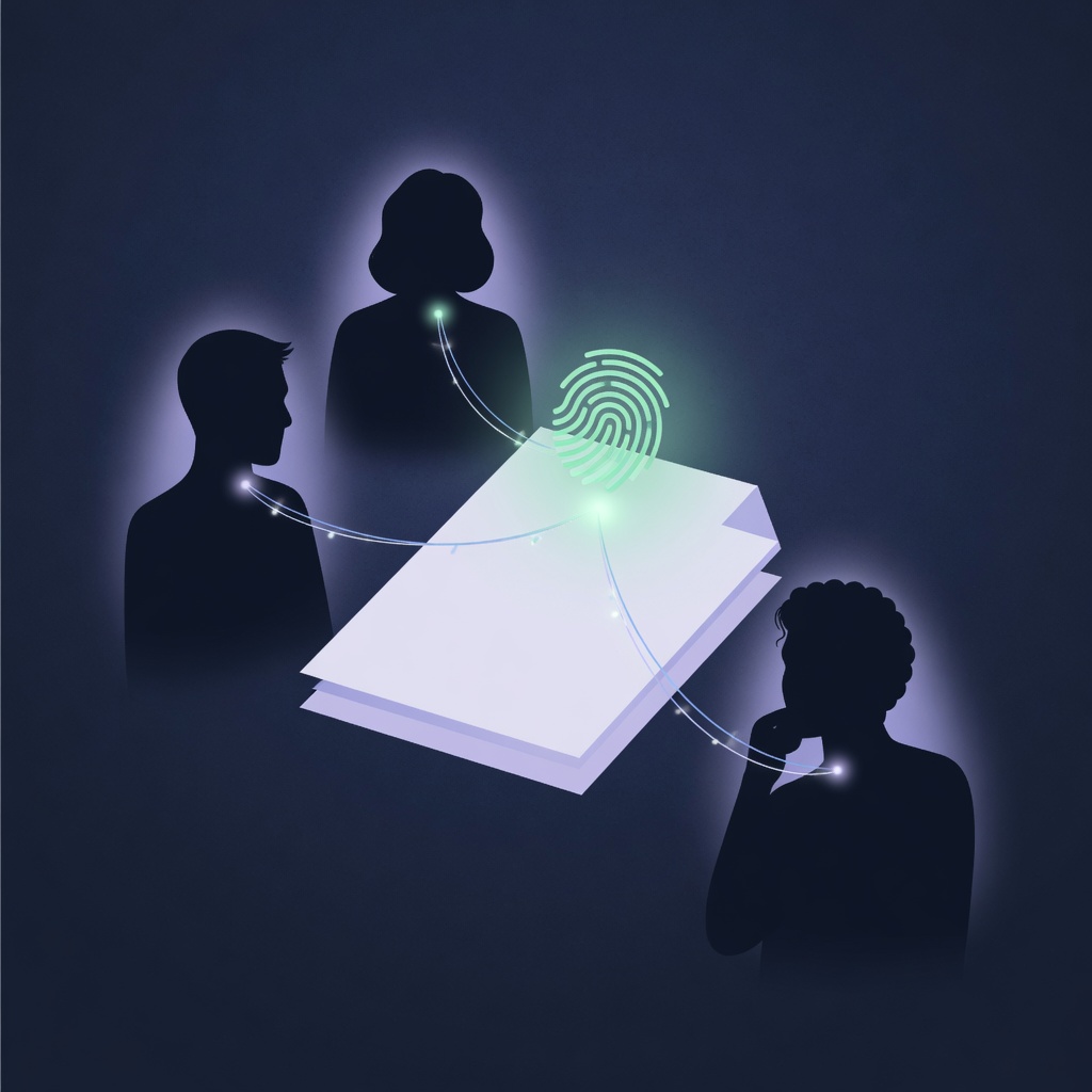 Three silhouettes connected by light to one shared document and fingerprint