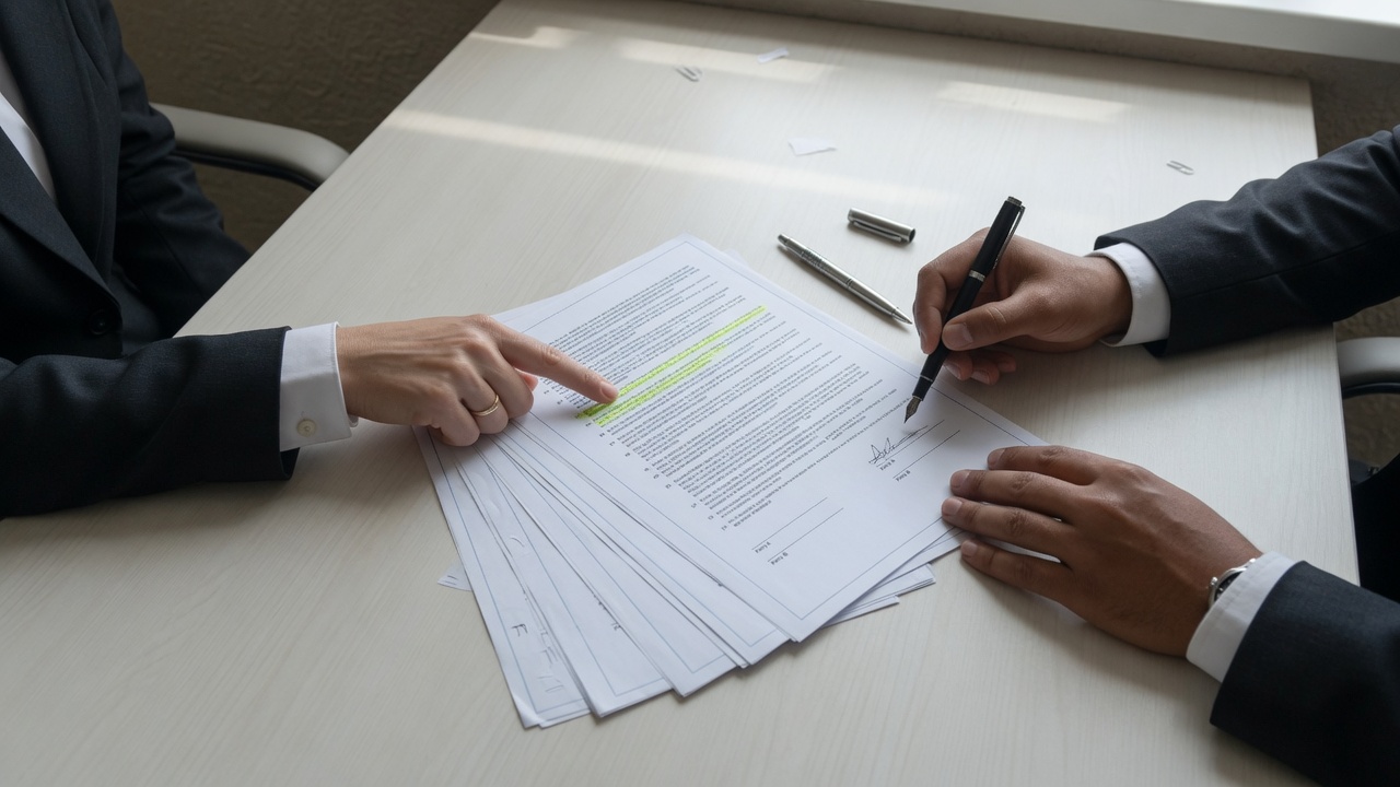 Two people signing and pointing at one shared contract on a meeting table