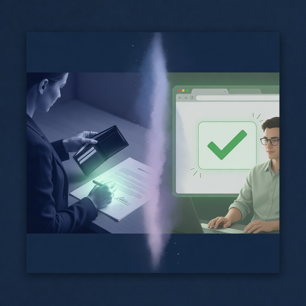 Left: person with wallet signing a document. Right: person checking a green browser match without a wallet