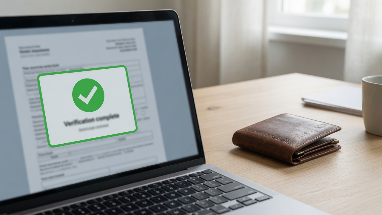 Laptop showing verification complete next to a closed unused wallet
