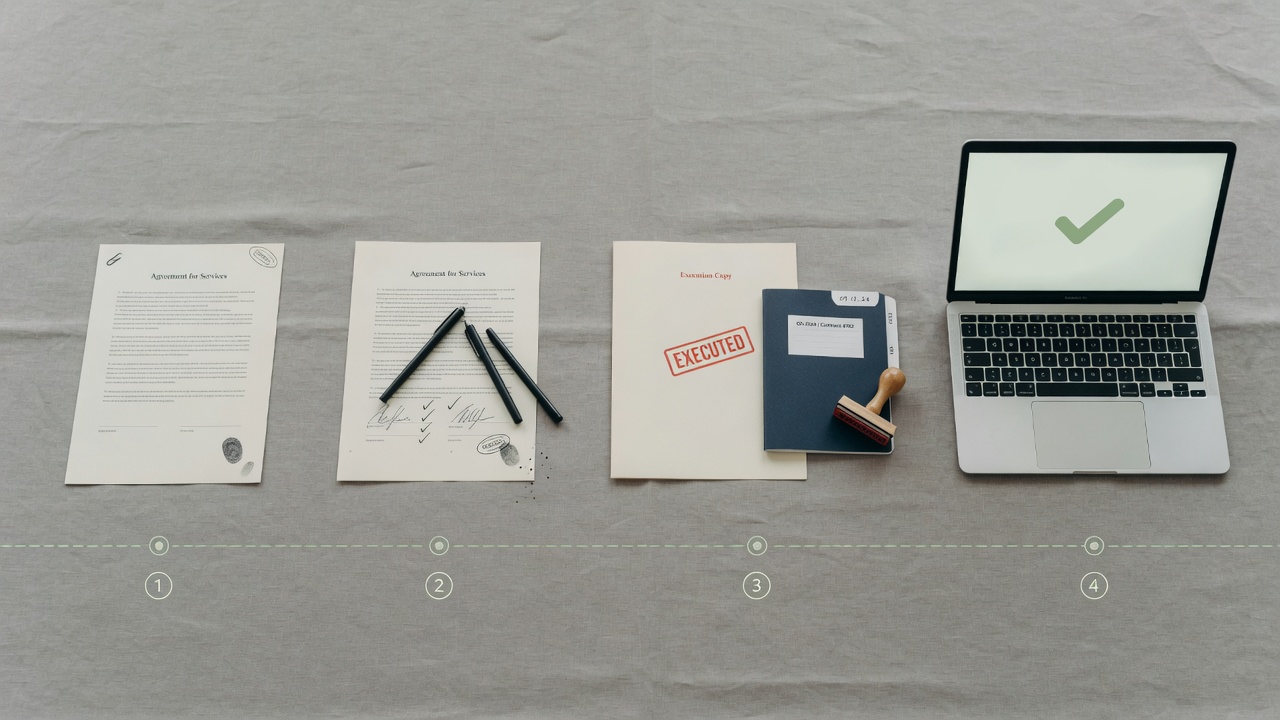 Four stations on a linen desk: fingerprinted PDF, pens for signing, stamp and archive folder, laptop with a green check