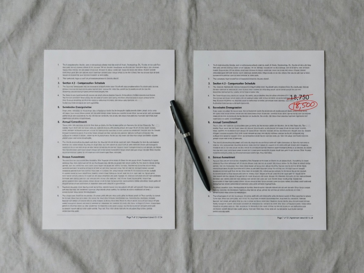 Two near-identical contract pages on a linen desk; the right page has one number change circled in red pen