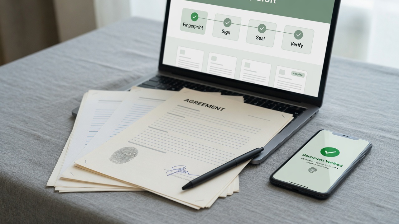 Contract on a gray linen desk with laptop showing fingerprint-to-verify steps and phone verification success