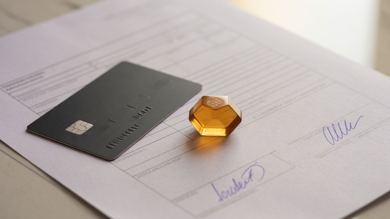 Prepaid credit card resting on a signed contract