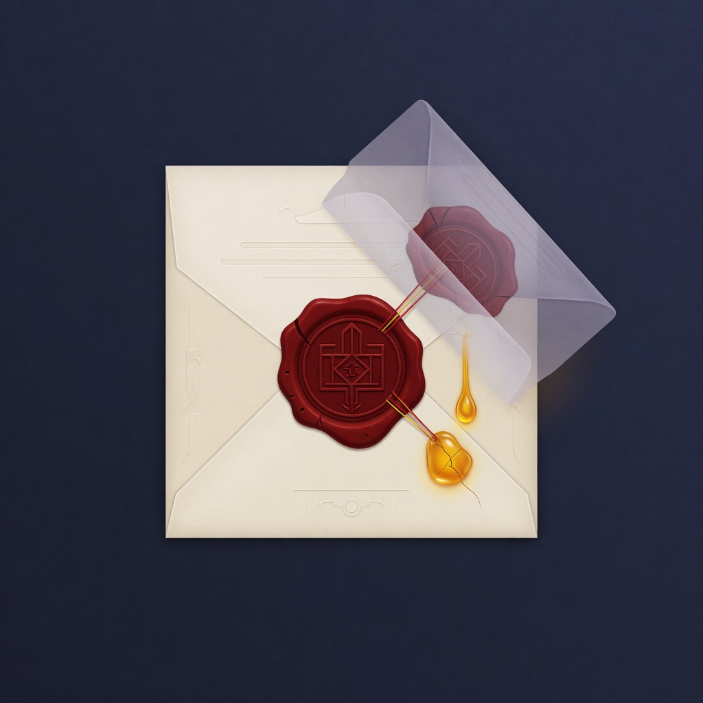 Document with a solid wax stamp and a translucent altered layer peeling away