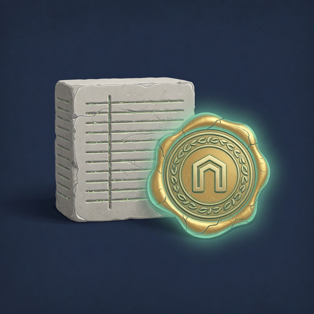 Stone tablet mark beside a luminous golden lock stamp
