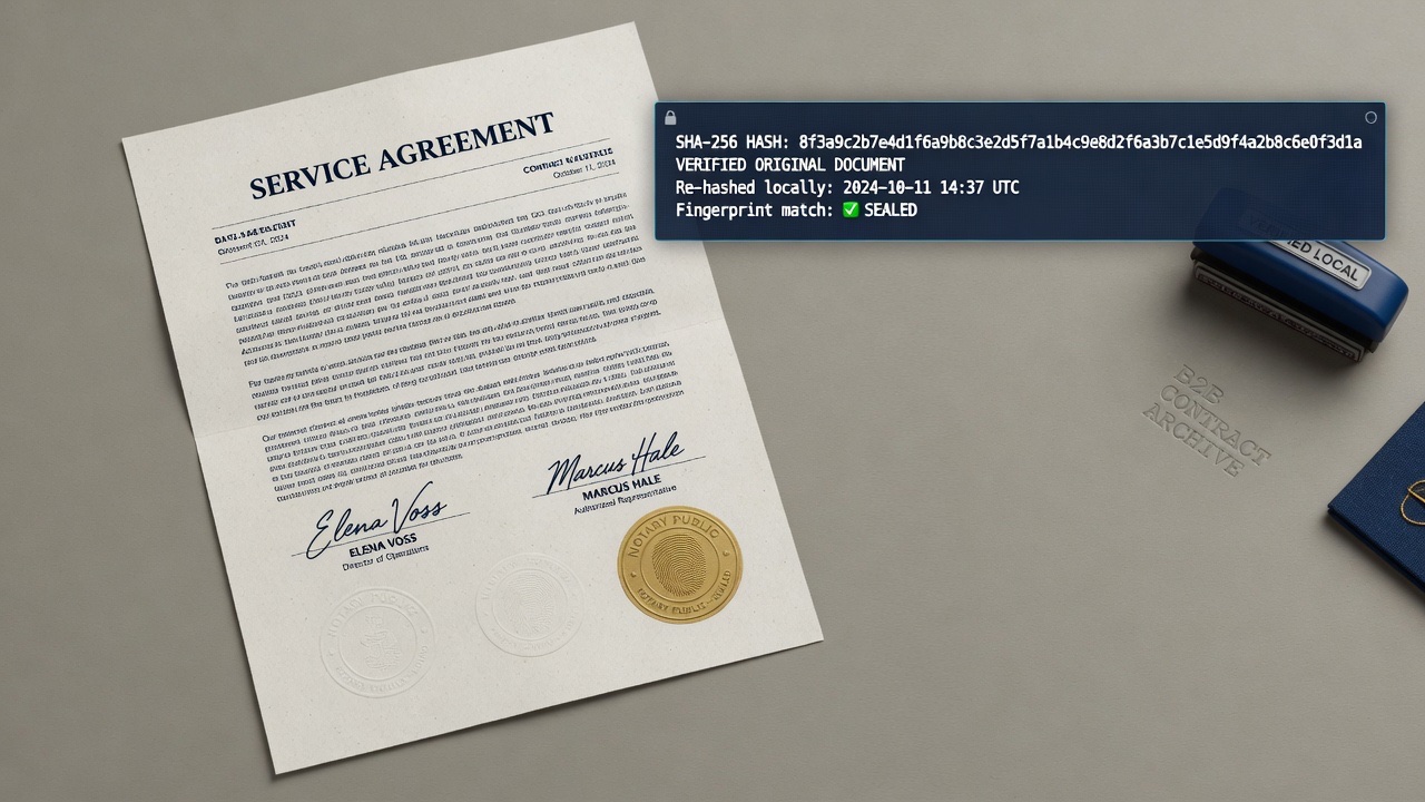 Printed service agreement on a warm gray desk showing a document hash strip, fingerprint mark, and offline verified stamp