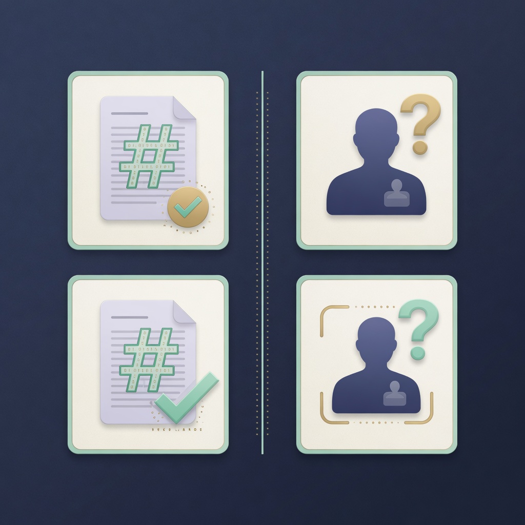 Two columns: hash match for file integrity versus person identity as a separate question